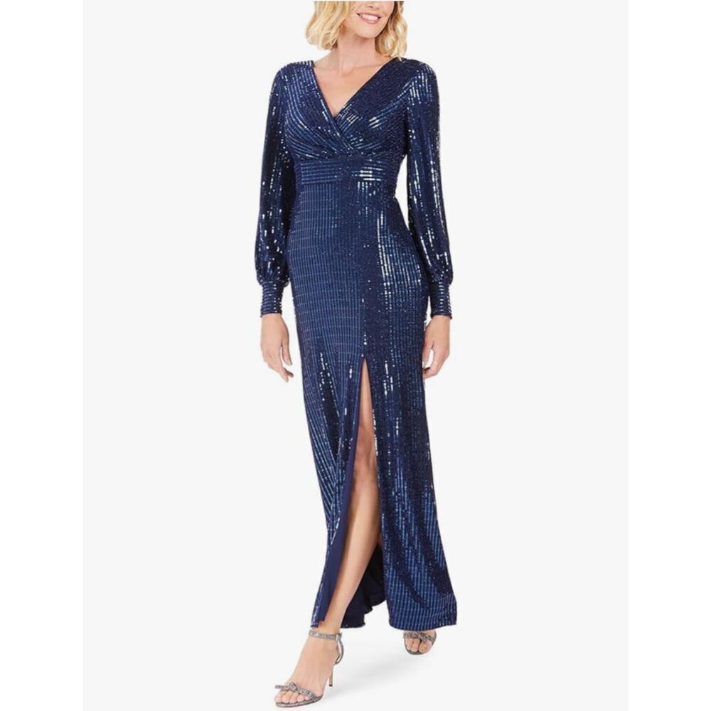 Nightway Womens Slide Slit V Neck Evening Dress Navy 6 midnight blue gown
